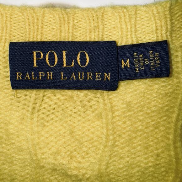 Ralph Lauren Sweater Womens Medium Bright Yellow Wool Cashmere Cable Knit Crew - Picture 5 of 7